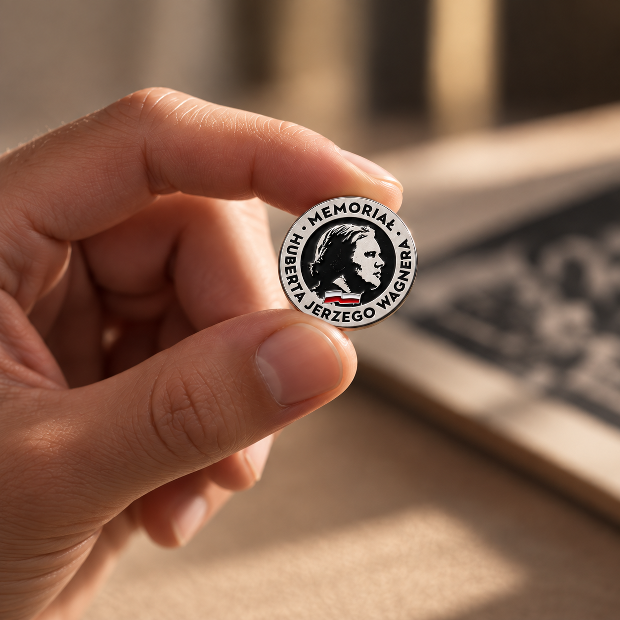 Okolicznościowy pin z wizerunkiem Huberta Jerzego Wagnera 4 palce pin